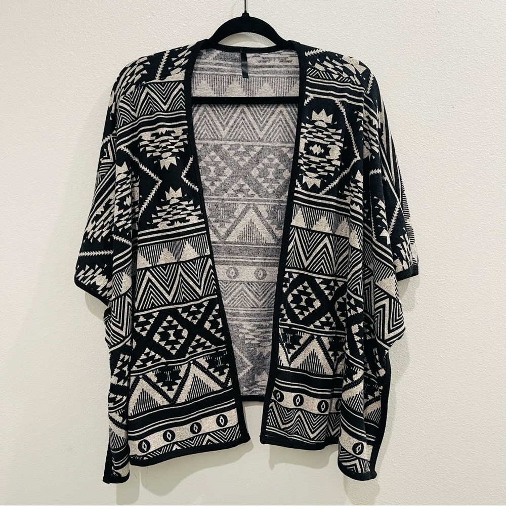 Aztec Tribal Geometric Black and Gray Women's Cardigan Sweater Poncho